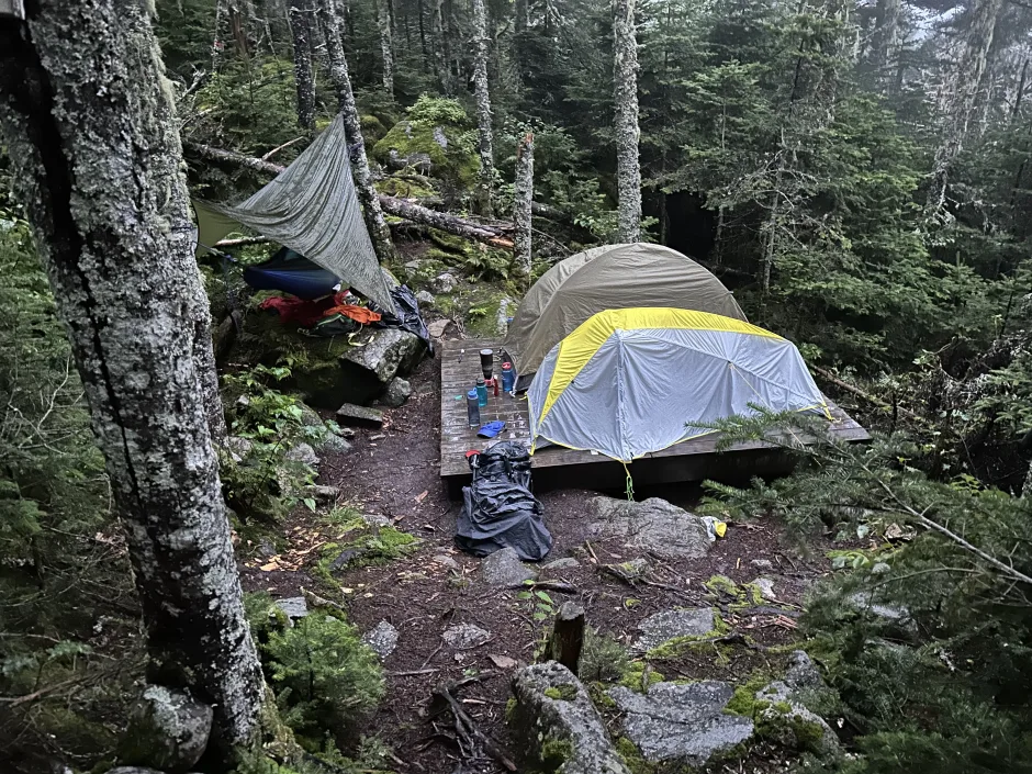 Our campsite with tents and hammock set up for a wet night.